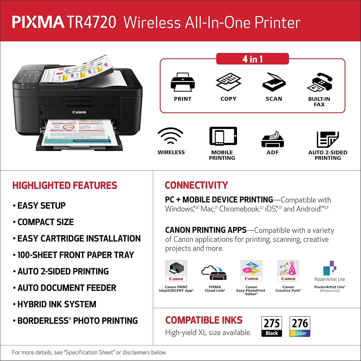 Canon PIXMA TR4720 – All-in-One Wireless Printer for Home Use, Print, Copy, Scan, and Built-in Fax, with Auto Document Feeder, Mobile Printing, Black