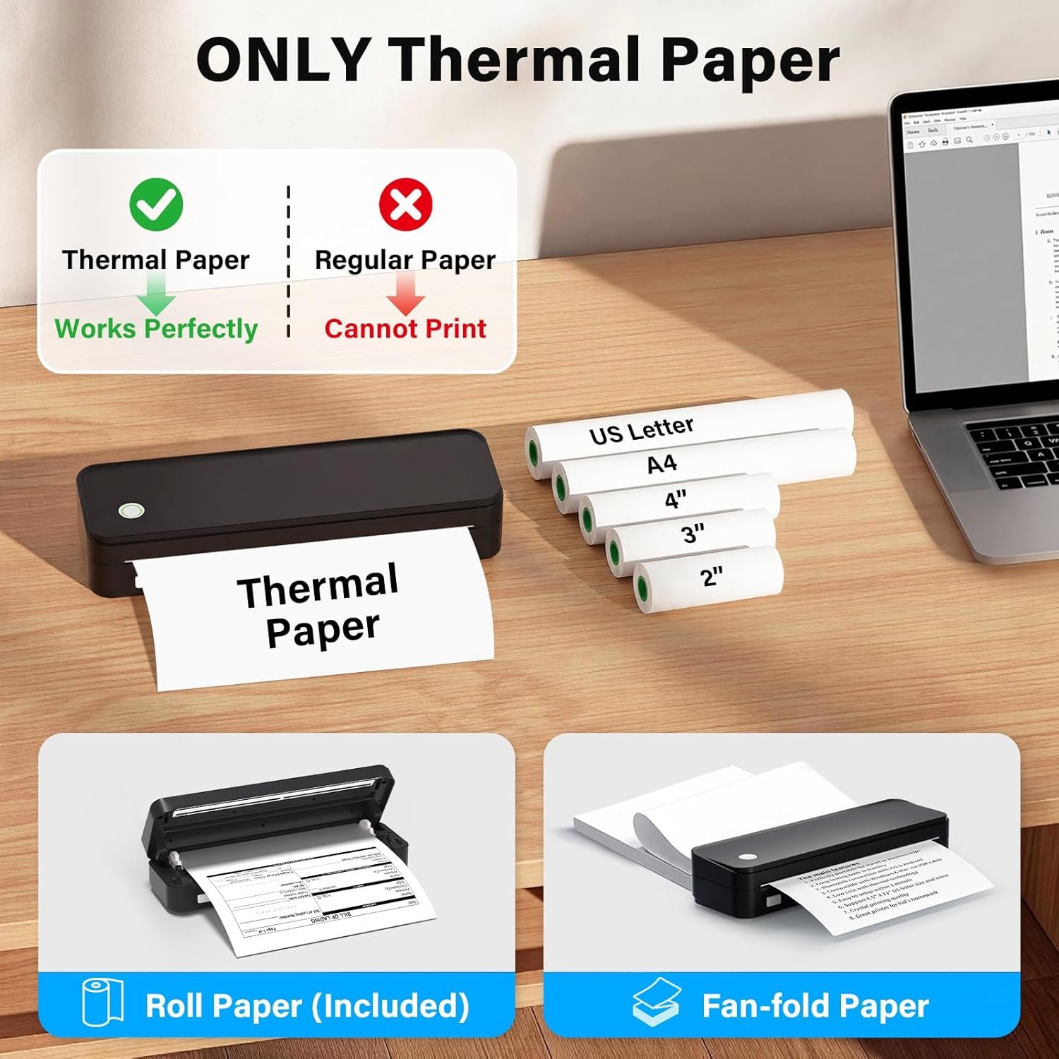 Gloryang Inkless Portable Printer for Travel, Wireless Thermal Printer Supports 8.5 x 11 Inch & A4 Size, Bluetooth Printer Includes Carry Case and 3 Rolls of Thermal Paper Kit, Black