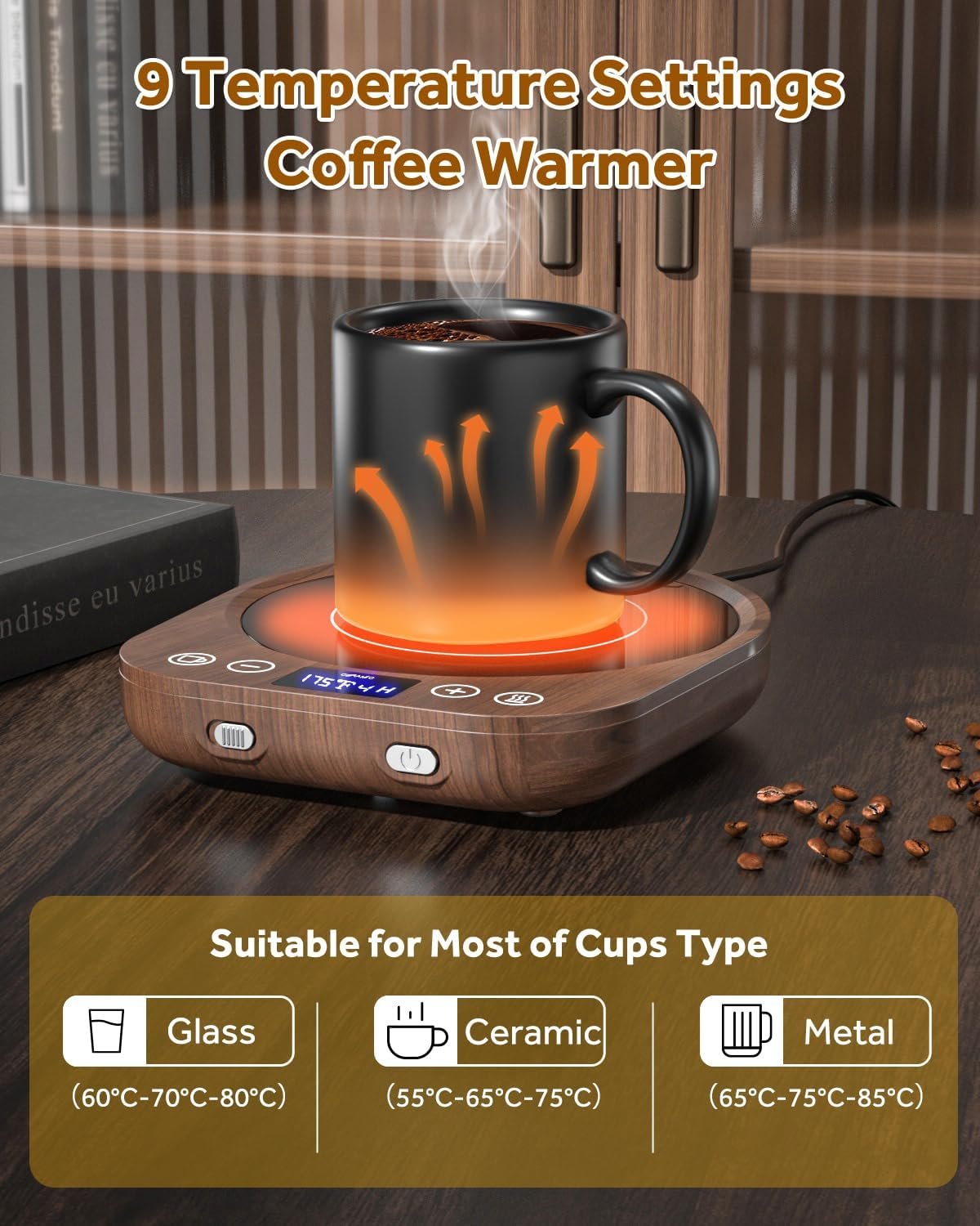 Smart Coffee Mug Warmer for Desk with 9 Temp Settings (Wood Grain)