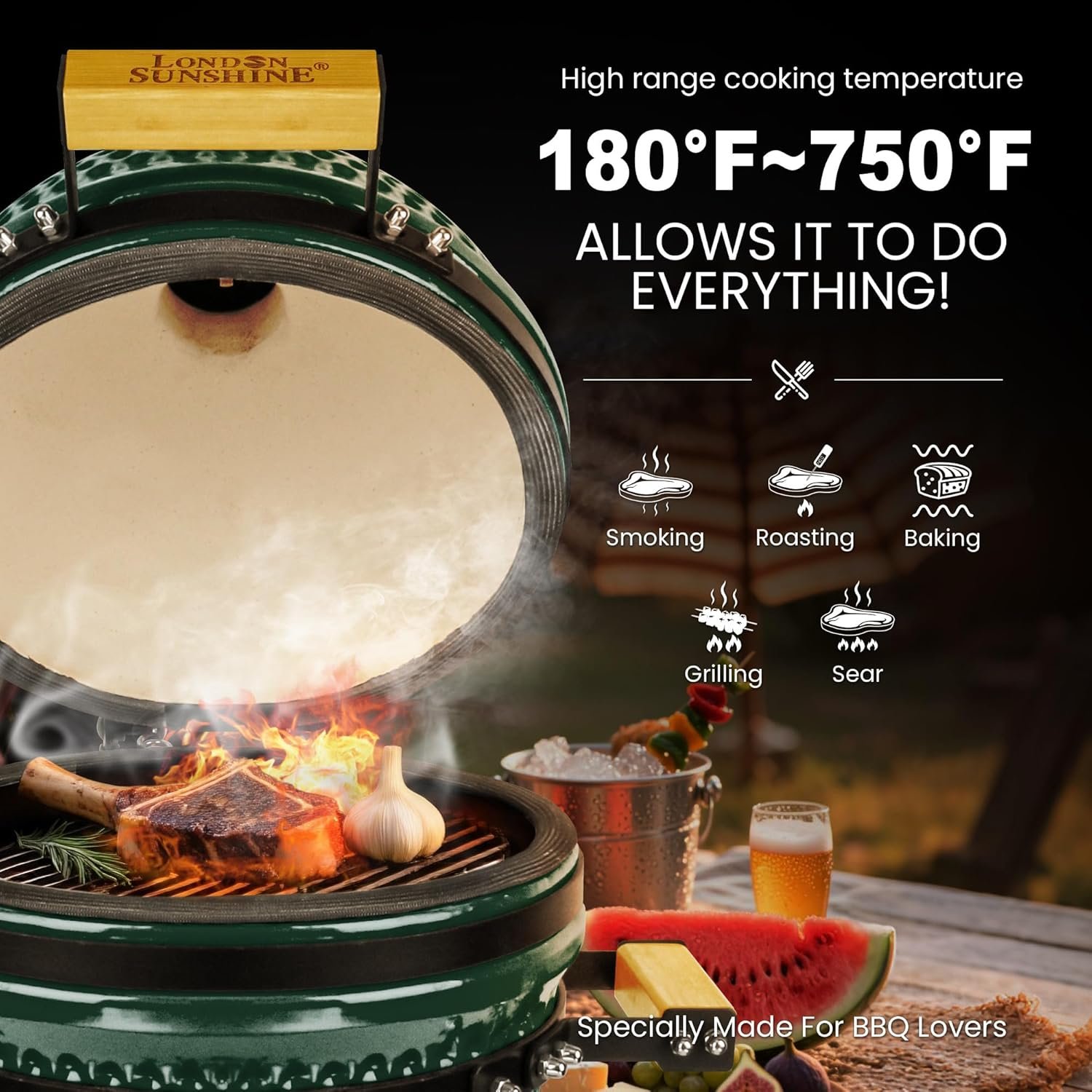 Upgraded 13-Inch Ceramic Kamado Grill with Waterproof Air Vent Cap (Green)