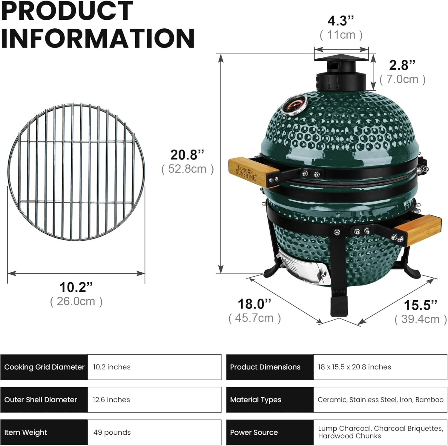 Upgraded 13-Inch Ceramic Kamado Grill with Waterproof Air Vent Cap (Green)