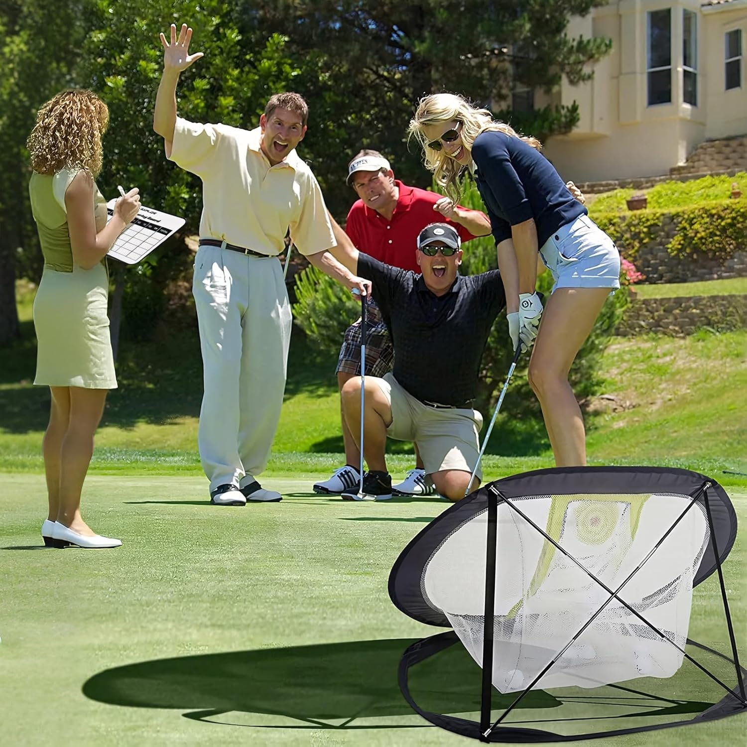 SAPLIZE Golf Chipping Net Set with Tri-Turf Mat, Foam Practice Balls, Tees and Scoring Board
