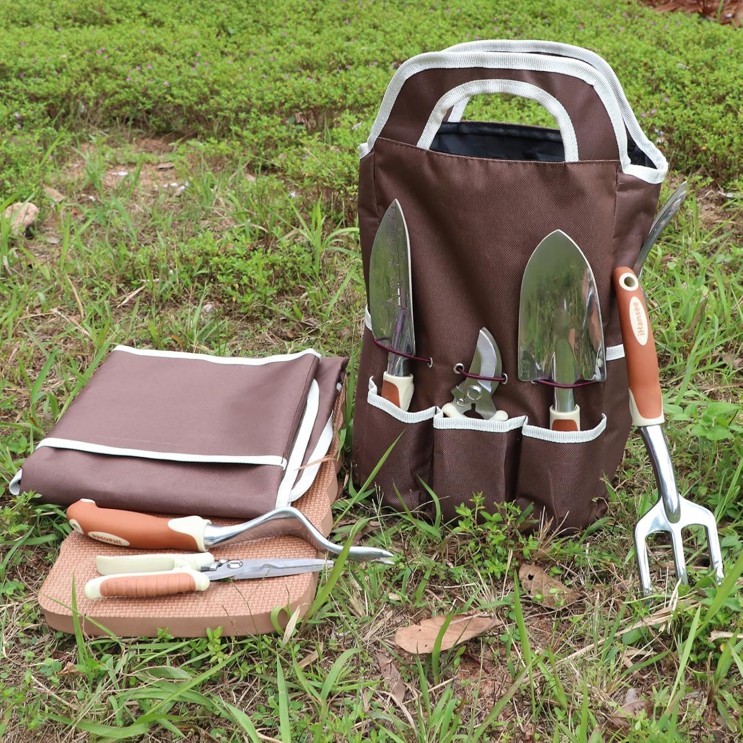 iHansee Brown Gardening Tools Set 12-Piece Heavy Duty Garden Hand Tool Kit