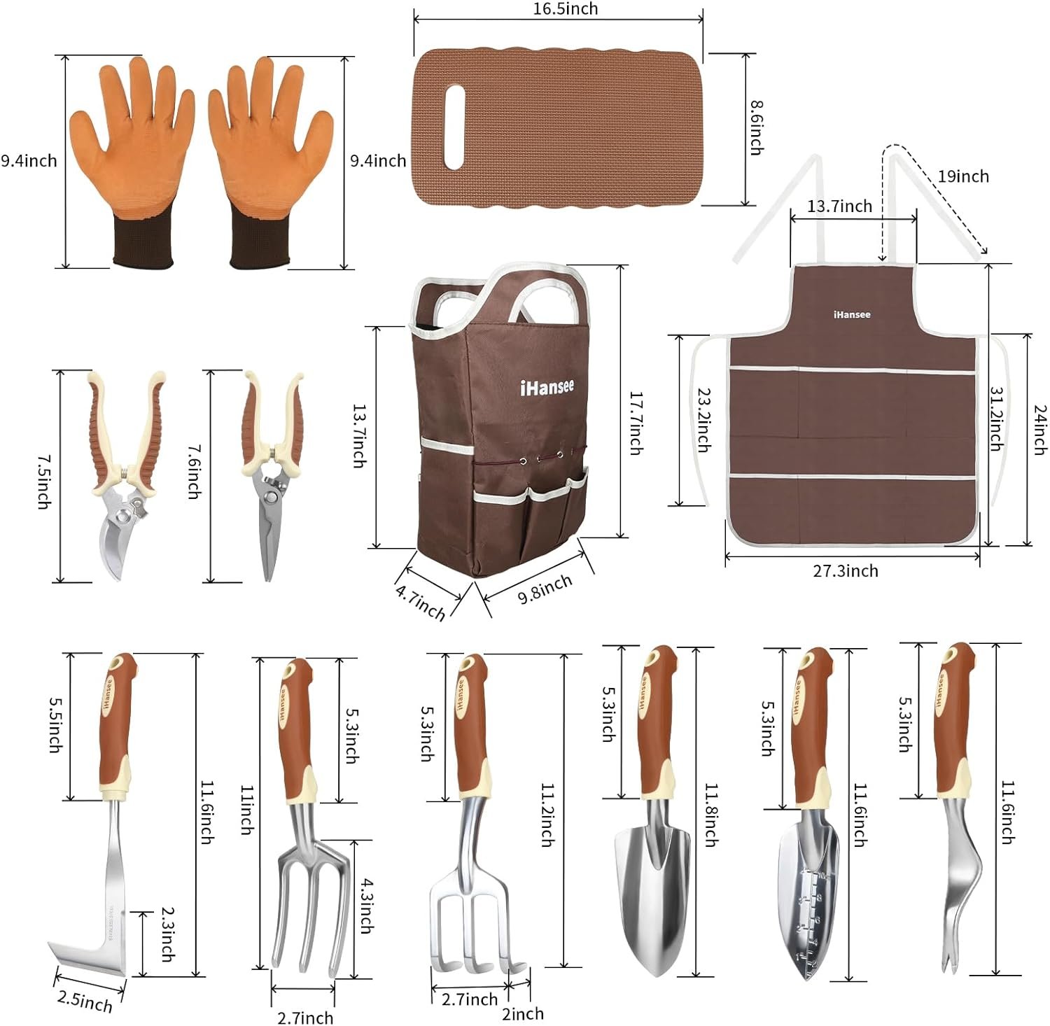 iHansee Brown Gardening Tools Set 12-Piece Heavy Duty Garden Hand Tool Kit