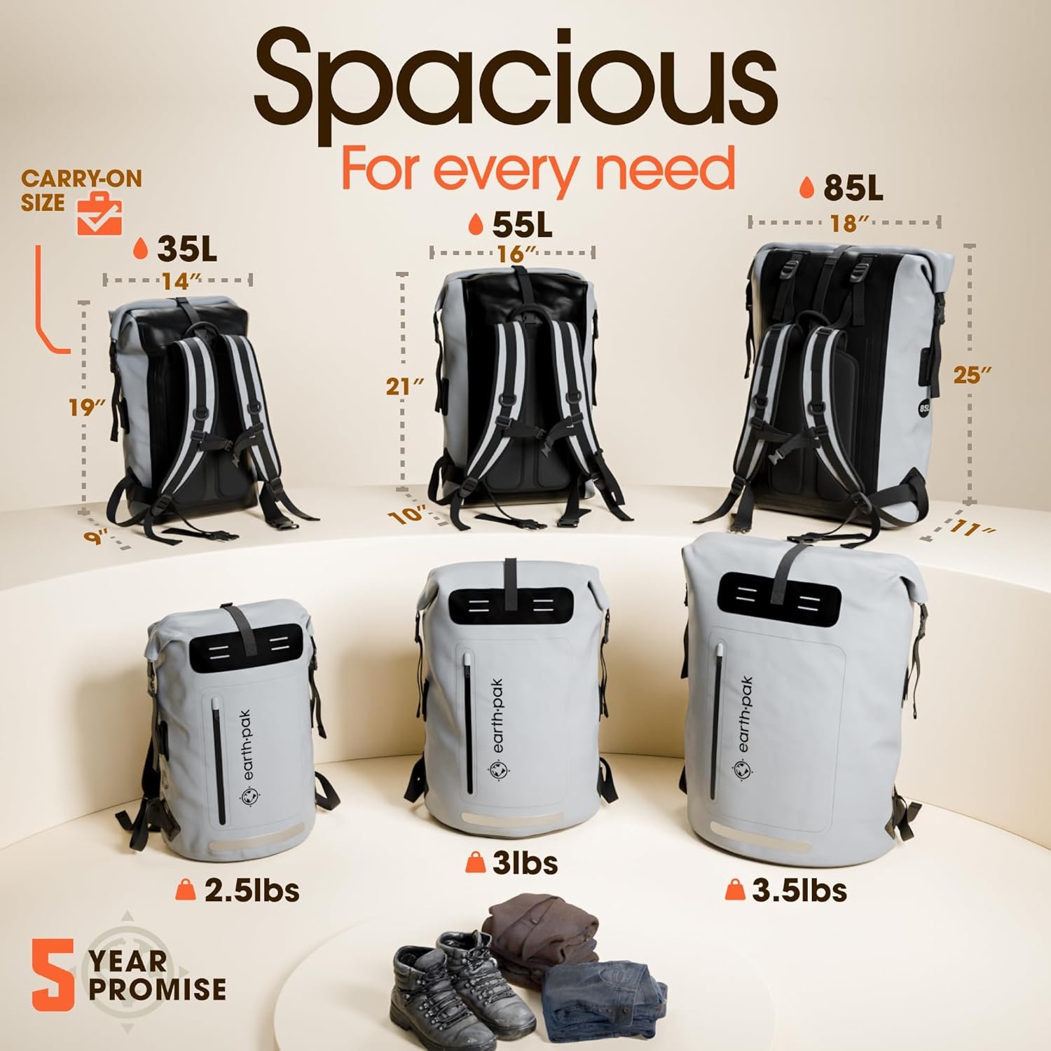 Earth Pak Heavy-Duty Waterproof Roll-Top Backpack with Front-Zippered Pocket