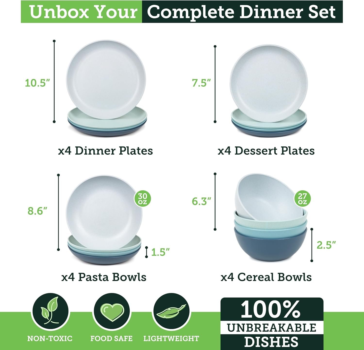 Grow Forward 16-Piece Premium Wheat Straw Dinnerware Set for 4 (Seascape Color)