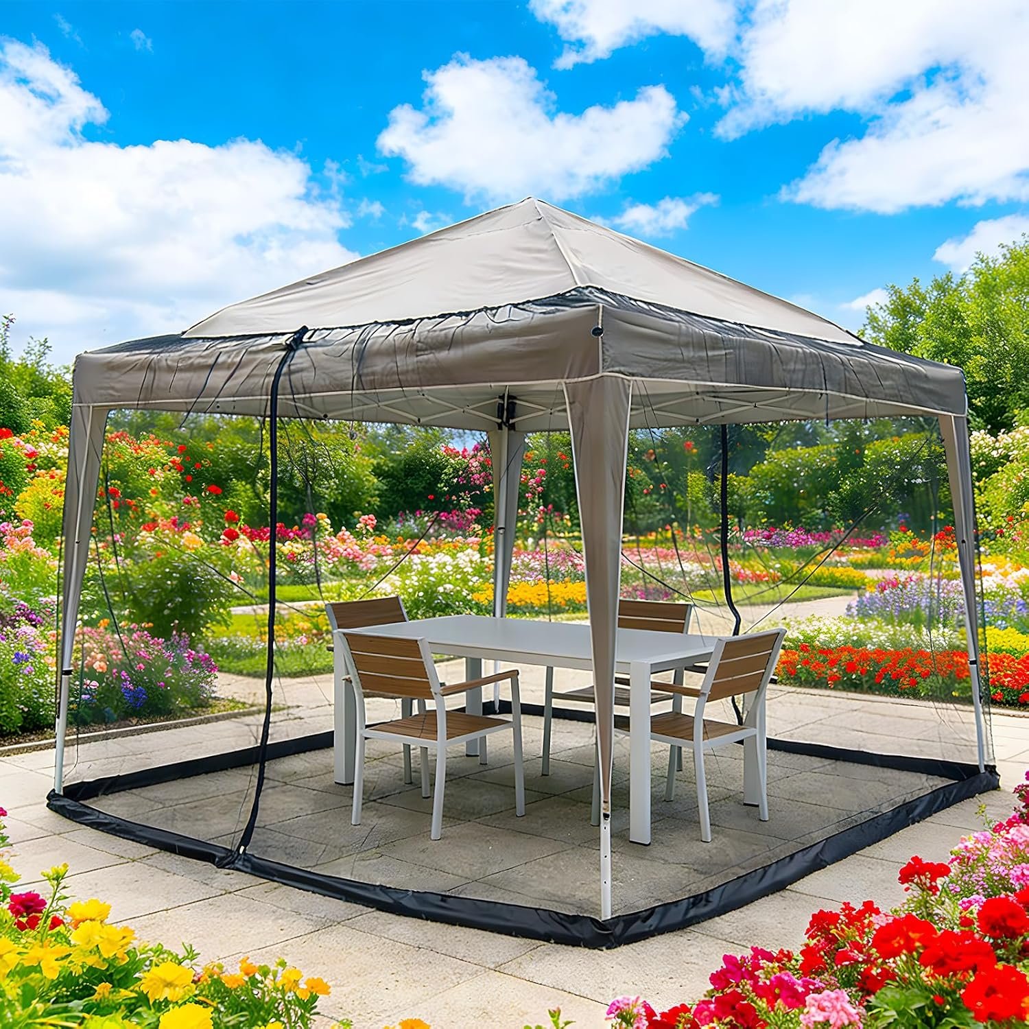 F FINEC 10′ x 10′ Gazebo Canopy Outdoor Mosquito Netting Screen with Zippered Doors