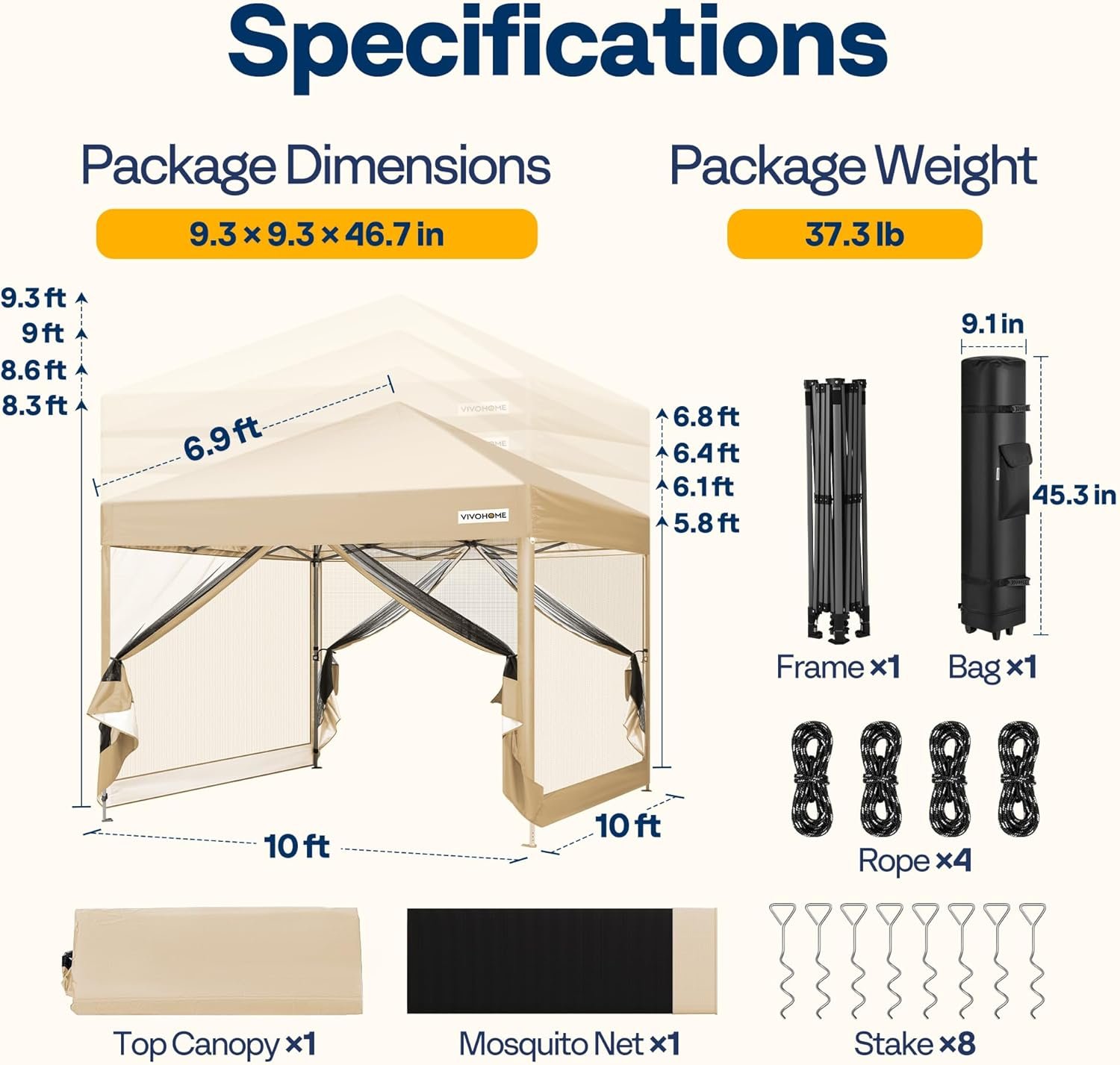 VIVOHOME 10x10ft Easy Pop-Up Canopy Outdoor Screen Tent with Mosquito Netting and Roller Bag