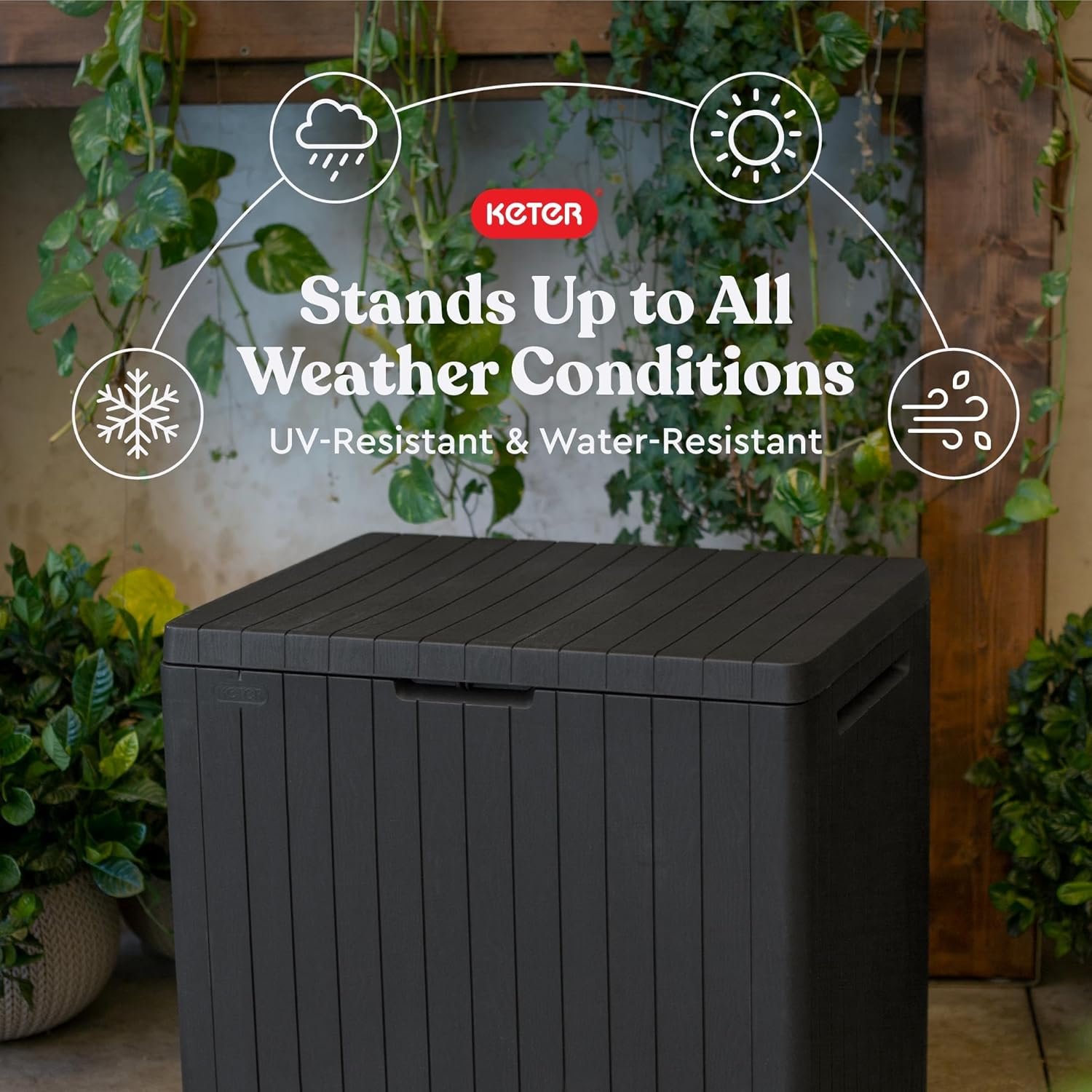 Keter City 30 Gallon Resin Outdoor Storage Box and Patio Furniture Side Table, Dark Grey