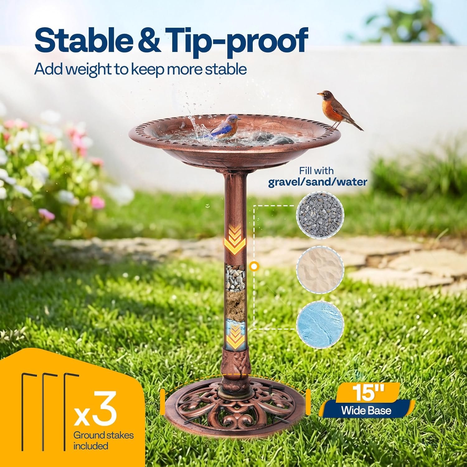 VIVOHOME Bird Bath for Outside, Polyresin Pedestal Bird Baths for Outdoor, Garden, 28 Inch Height Weather-Resistant Birdbaths with 20″ Bowl, Antique Bronze