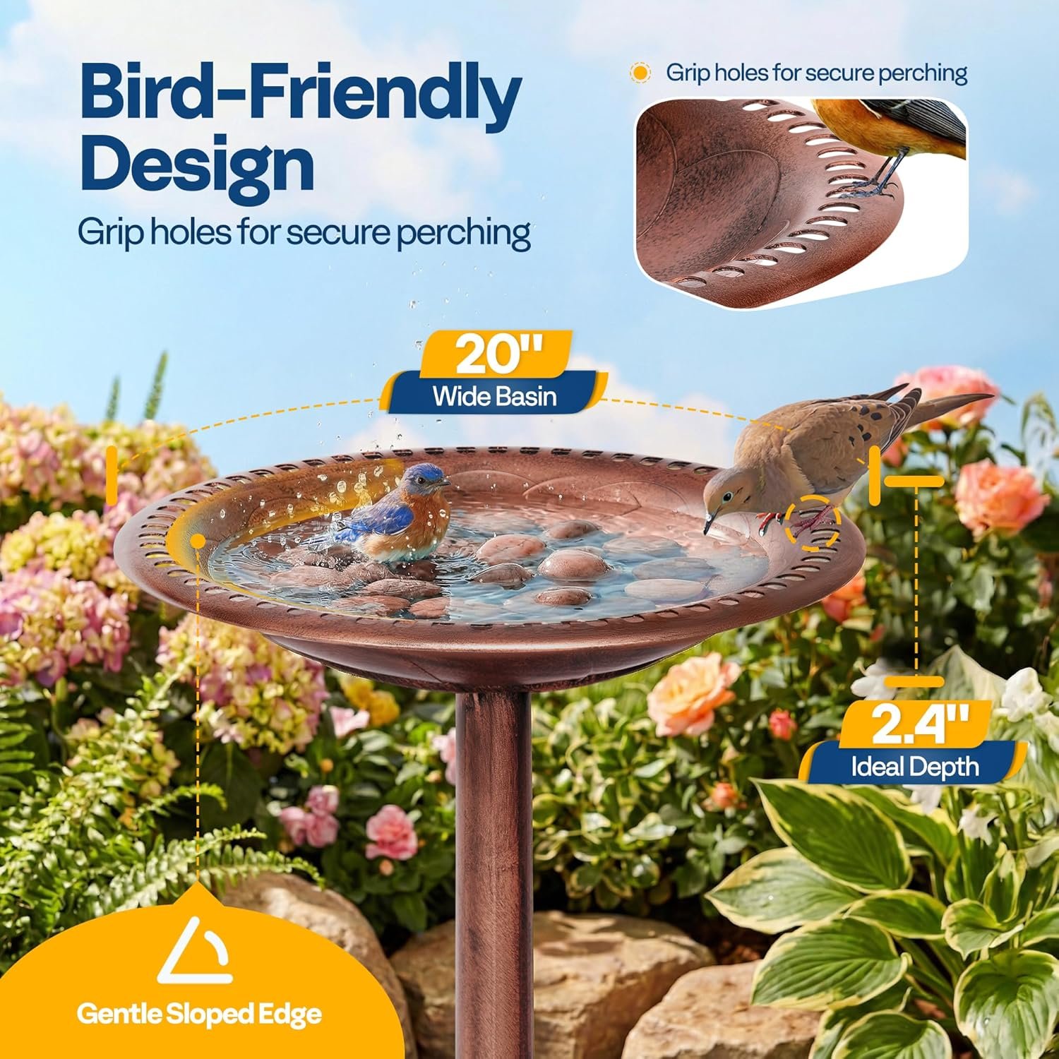 VIVOHOME Bird Bath for Outside, Polyresin Pedestal Bird Baths for Outdoor, Garden, 28 Inch Height Weather-Resistant Birdbaths with 20″ Bowl, Antique Bronze