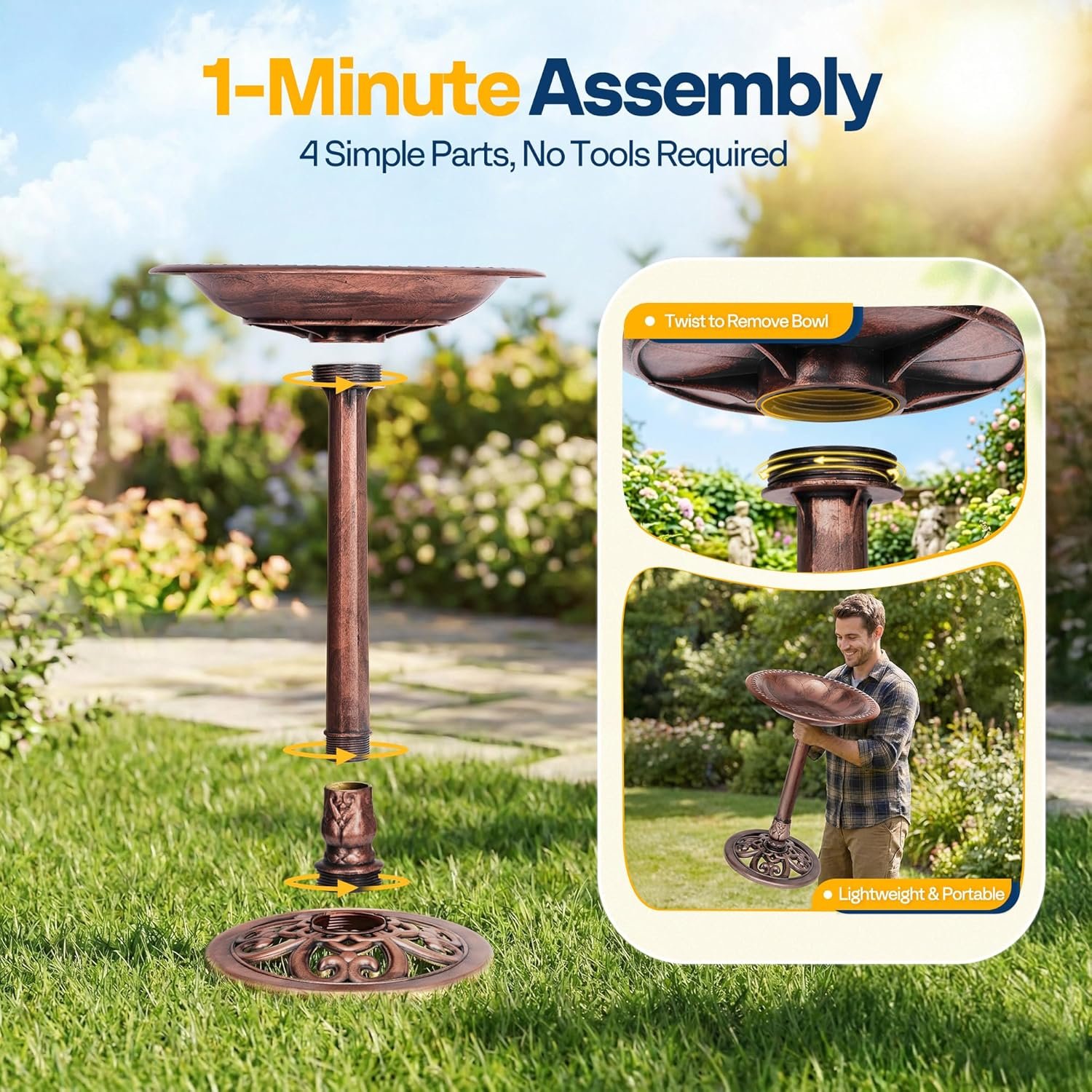 VIVOHOME Bird Bath for Outside, Polyresin Pedestal Bird Baths for Outdoor, Garden, 28 Inch Height Weather-Resistant Birdbaths with 20″ Bowl, Antique Bronze